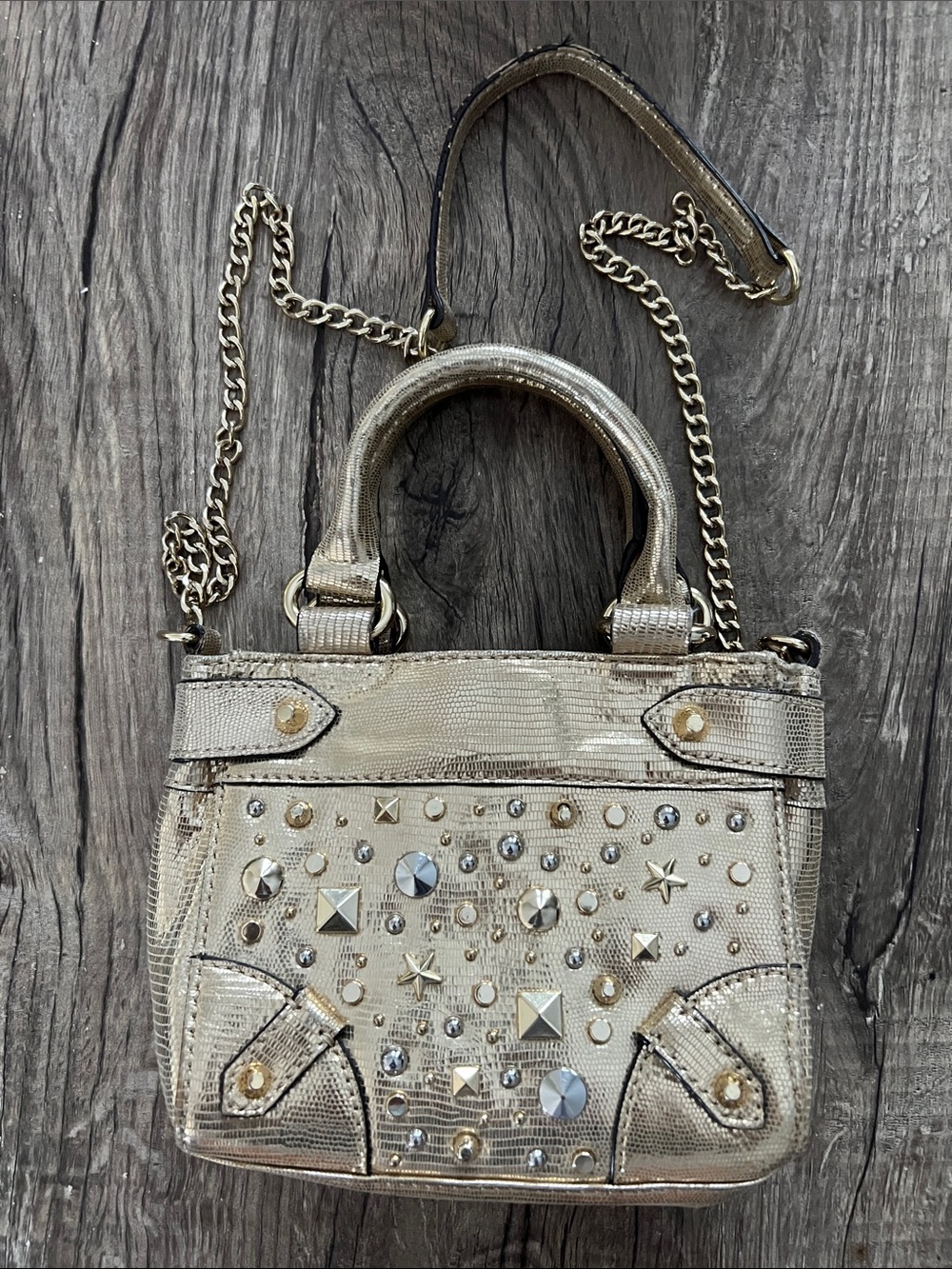 Juicy Couture Metallic Gold Studded Mini Satchel Crossbody Bag